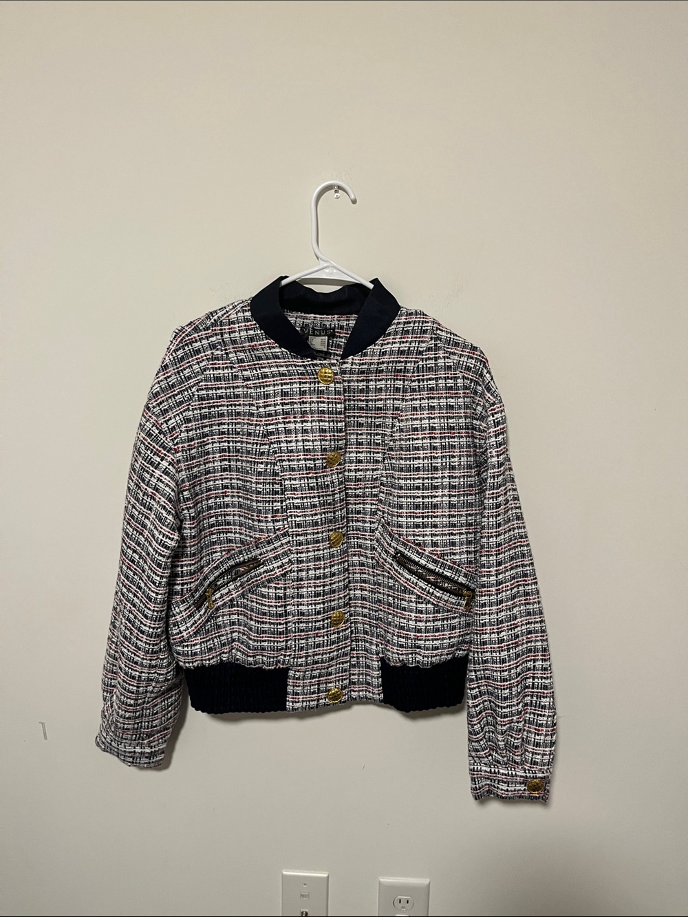 VENUS Multicolor Tweed Bomber Jacket with Navy Trim